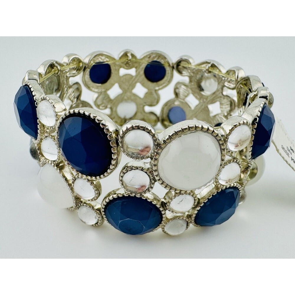 New York & Company Blue White Faceted Stretch Bracelet Silver Tone